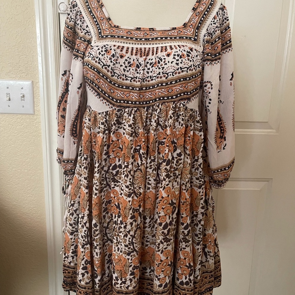 FREE PEOPLE Ivory Combo Floral Peach Brown Dress Pockets Size XS